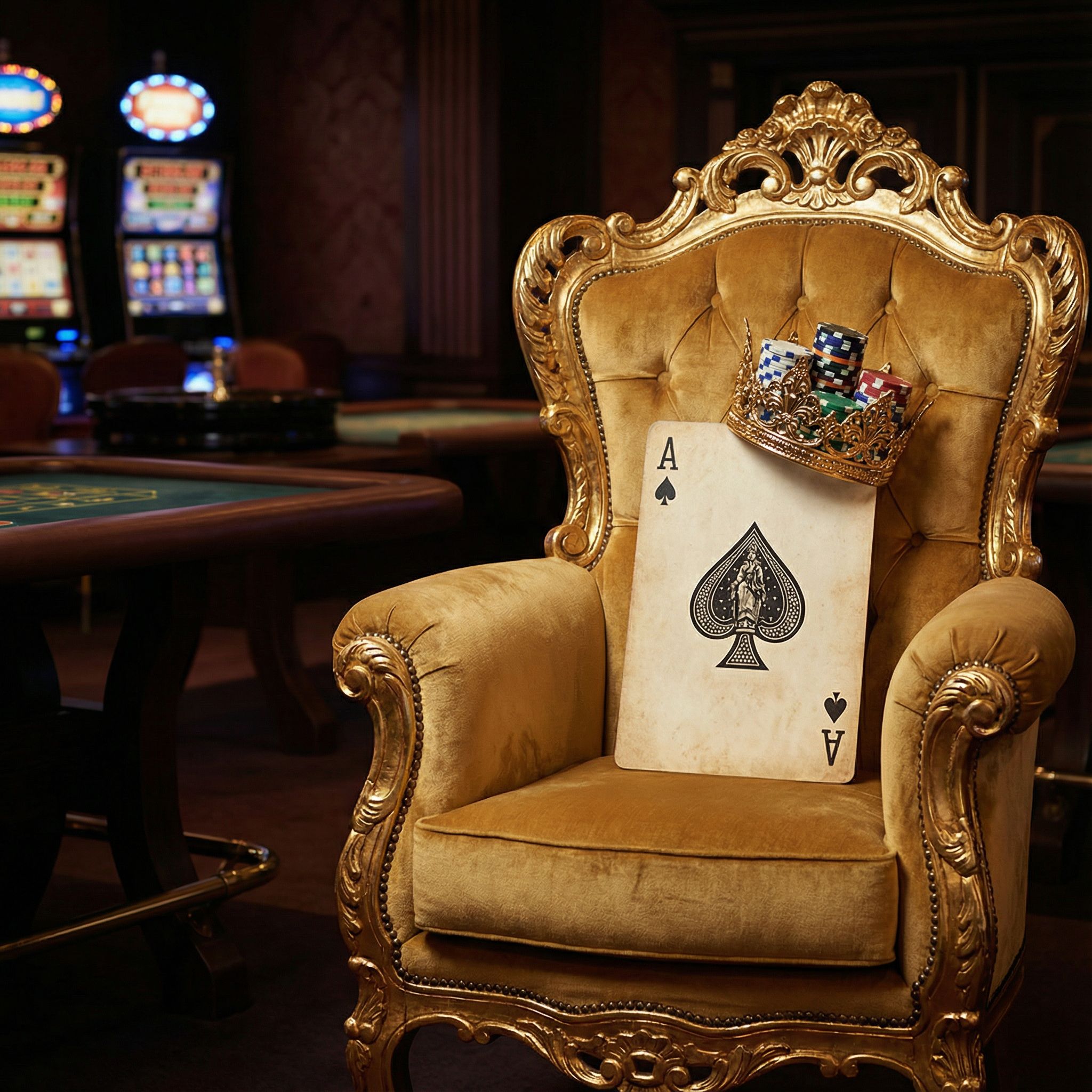 어두운 카지노에서 벨벳 왕좌에 놓인 스페이드 에이스 카드 위에 금박과 칩으로 만든 왕관이 얹혀 있다.