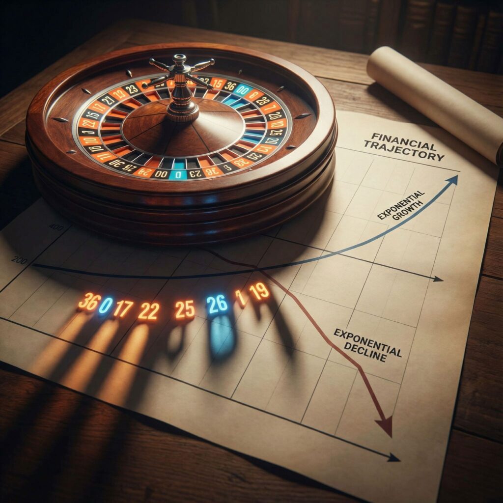 빛나는 숫자가 적힌 하나의 룰렛이 지수함수 모양의 금융 그래프에 길게 그림자를 드리우고 있습니다.