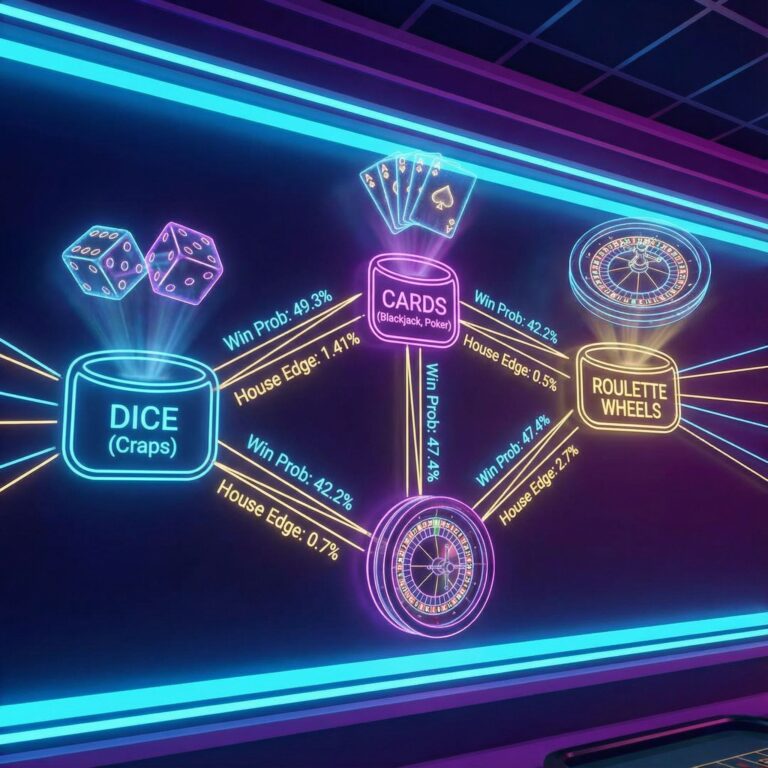 카지노 게임의 확률을 주사위, 카드, 룰렛 휠과 연결된 선으로 표현한 형광빛 플로우차트입니다.