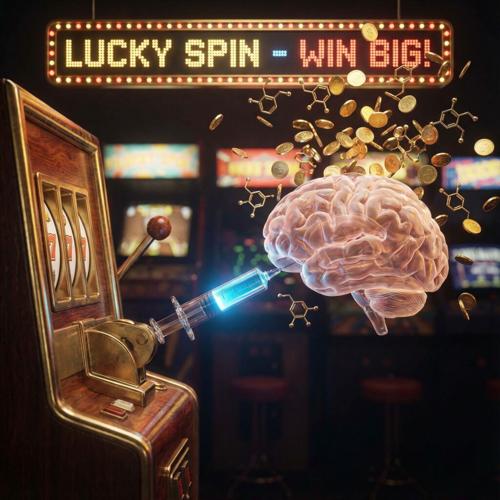 슬롯머신의 손잡이가 주사기로 변해 뇌를 주입하는 모습이며, 우연한 당첨 시에만 동전과 도파민 분자가