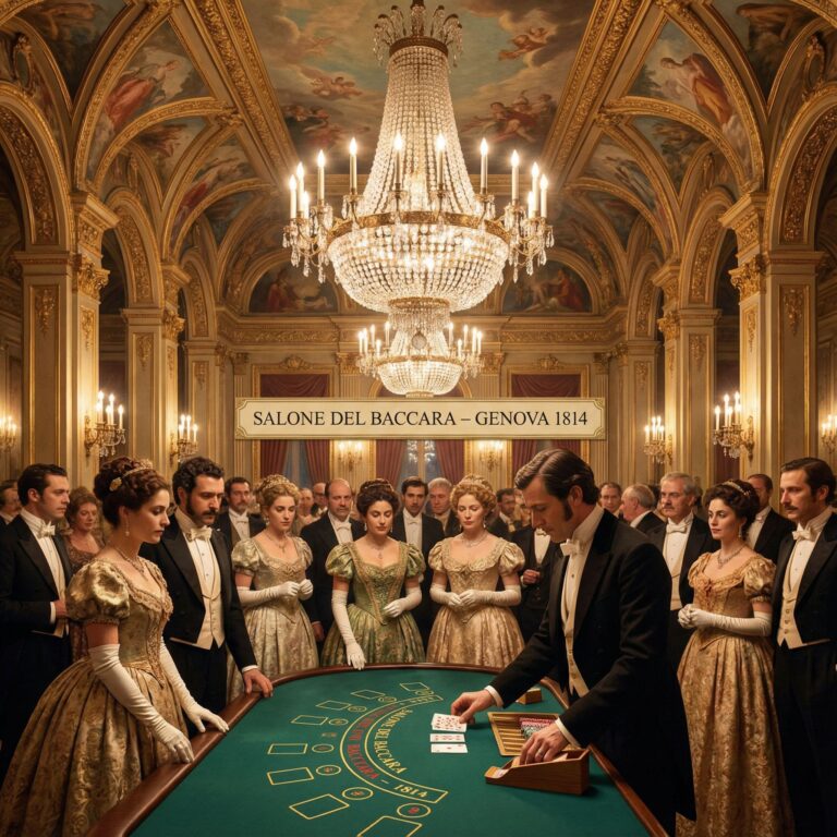 수정 달린 녹색 탁자에 바카라 카드가 깔리는 호화로운 유럽 카지노 홀입니다. 빛나는 샹들리에 아래 빈티지