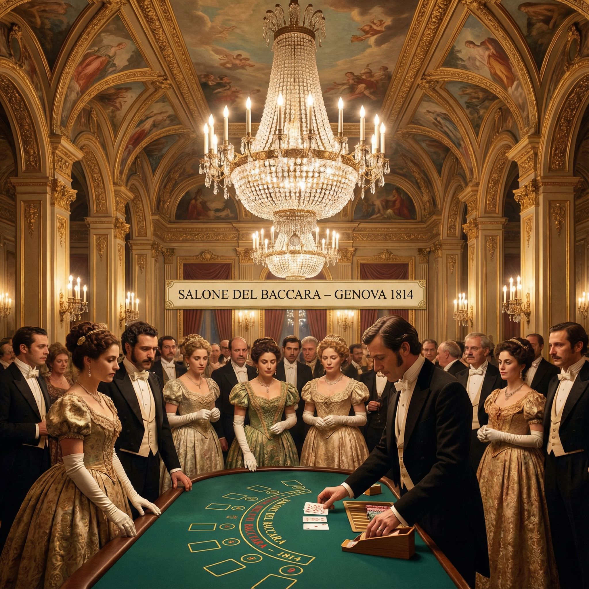 수정 달린 녹색 탁자에 바카라 카드가 깔리는 호화로운 유럽 카지노 홀입니다. 빛나는 샹들리에 아래 빈티지