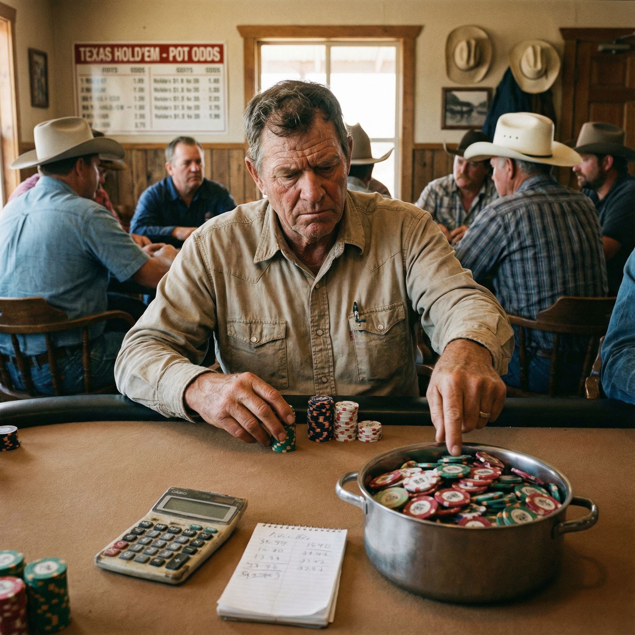 텍사스 홀덤 테이블 위에 쌓인 칩 더미를 바라보며 플레이어가 계산하는 모습이다.