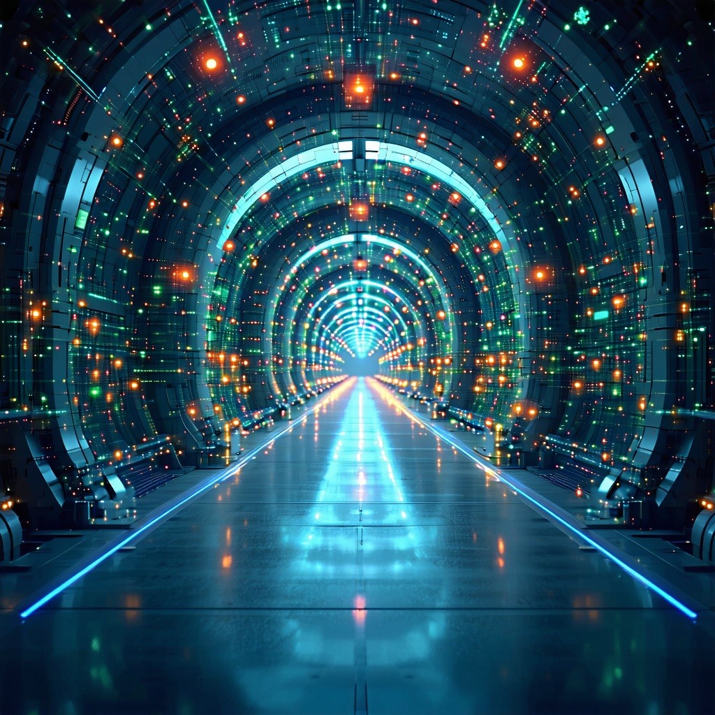 수많은 빛의 점과 회로 패턴이 이어진 미래형 데이터 터널 내부의 깊은 공간감을 표현한 이미지
