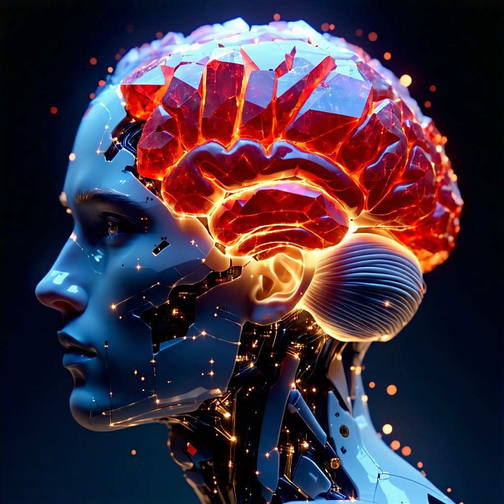 붉은 결정체처럼 빛나는 뇌 구조와 정교한 기계 요소가 결합된 인공지능 로봇의 측면 얼굴 이미지