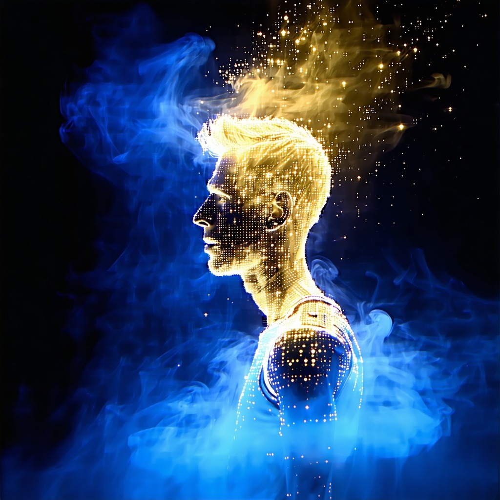 파란빛과 황금빛 입자가 어우러져 선수의 실루엣을 형상화한 디지털 스포츠 프로필 일러스트