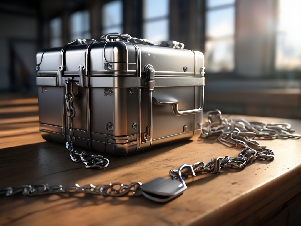 Brushed metal surface holds sealed security case with metal chain and separate blocks representing quarantined file locations.