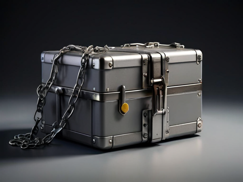 Smooth metal chain links around a sealed gray case with small blank blocks beside it.