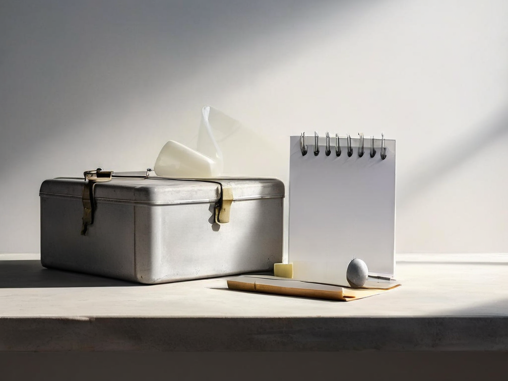 Checklist card resting beside a sealed archive box and storage block on a stone counter