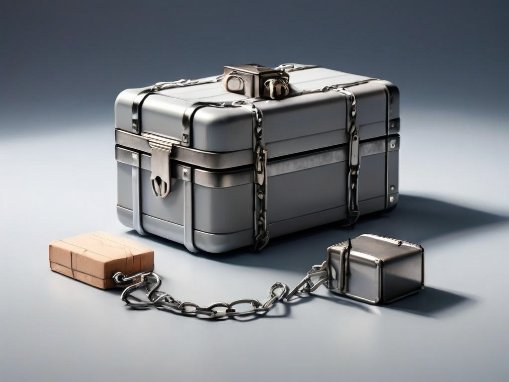 Sealed metal case with chain and small blocks on gray surface, representing Bluetooth file sharing settings.