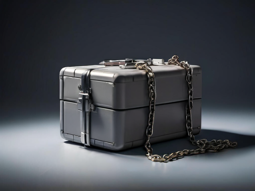 A sealed metal case connected by a short chain to small blocks on a gray surface, representing linked file locations.